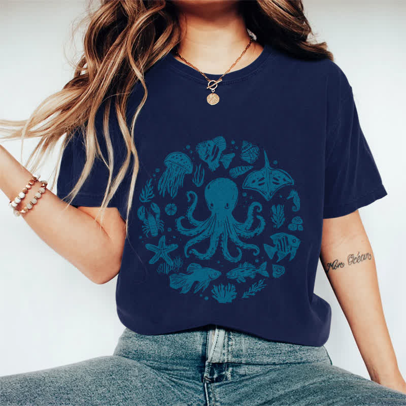 100% Cotton Japanese Cartoon Ocean Animals Art T-shirt - Dark Blue - 2XL - image 5