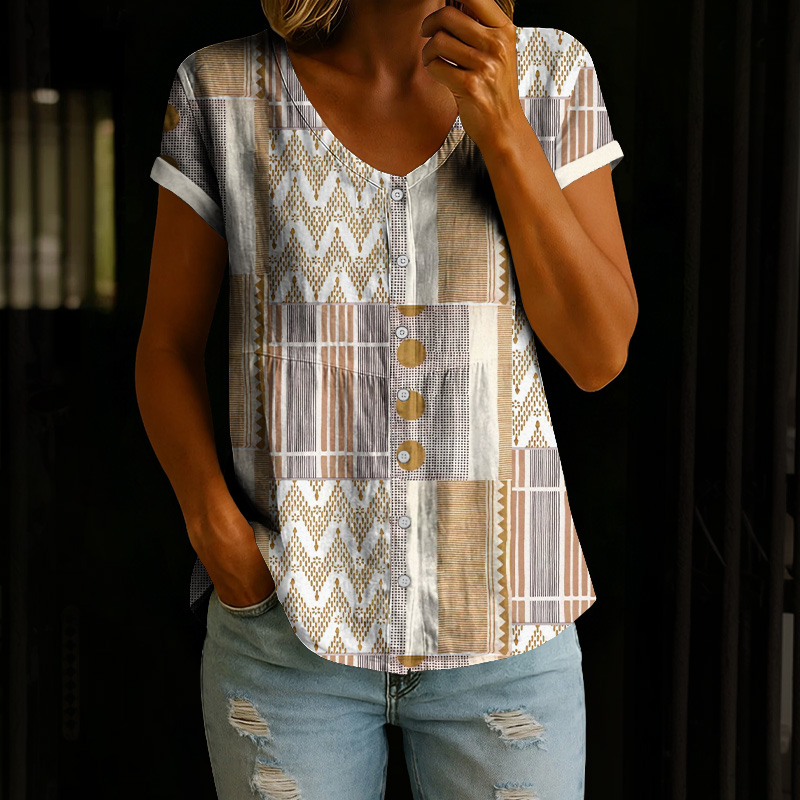 Vintage Geometric Pattern Print Button V-neck A-line Short-sleeve Blouse - Khaki - 4XL - image 1