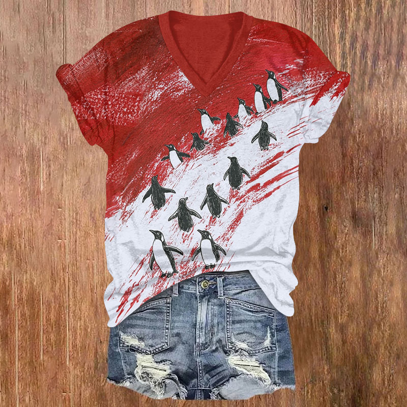 Oil Painting Lovely Penguin Print v-neck T-Shirt - Red - US32-34(5XL) - image 3