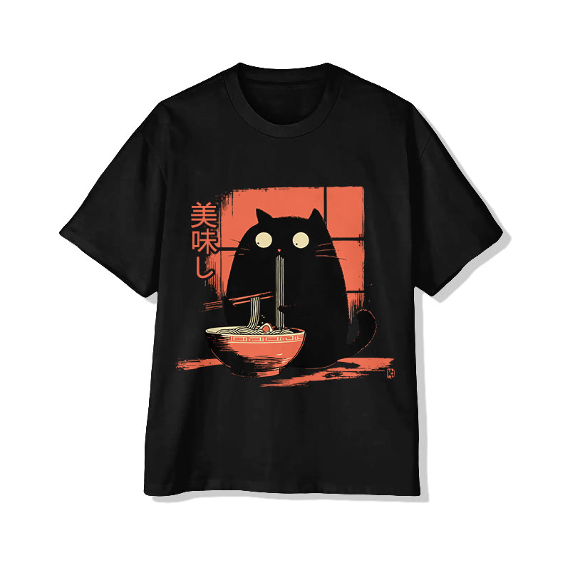 Unisex Black Cat Eating Ramen Print Short Sleeved Crew Neck T-shirt - Black - 2XL - image 4