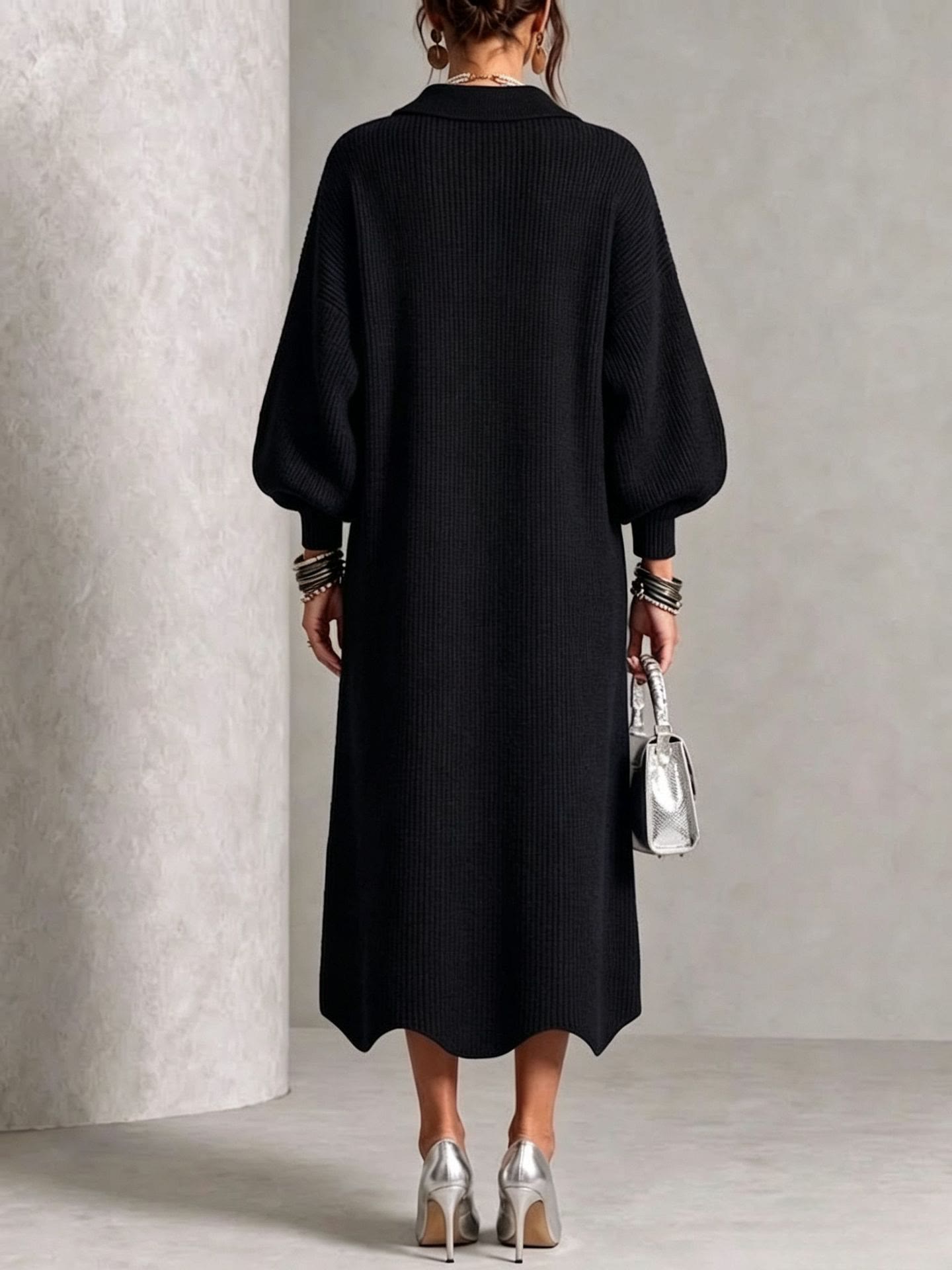 Women's Ribbed Knit Midi Cardigan Dress | Lapel Collar Lantern Sleeve, Statement Button Front - image 12