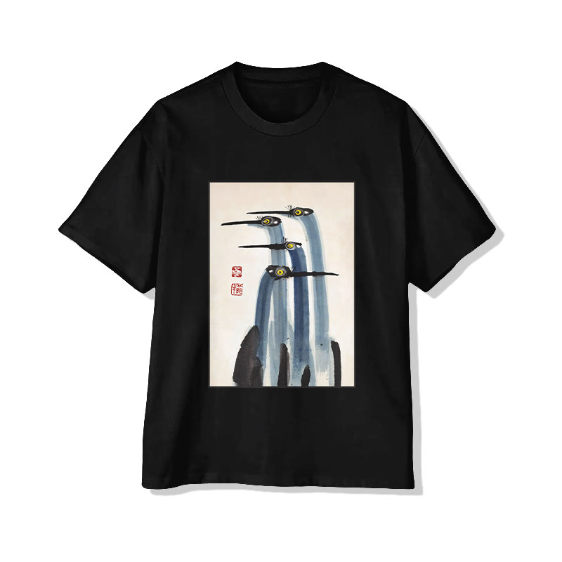 Unisex Japanese Art Crane Print Short Sleeved Crew Neck T-shirt - Black - 2XL - image 4