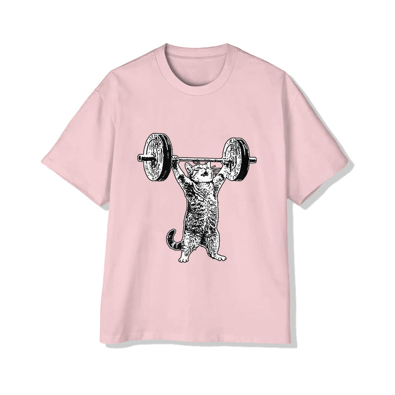 Unisex Cat Weightlifting Print Short Sleeved Crew Neck T-Shirt - Pink - 2XL - image 4