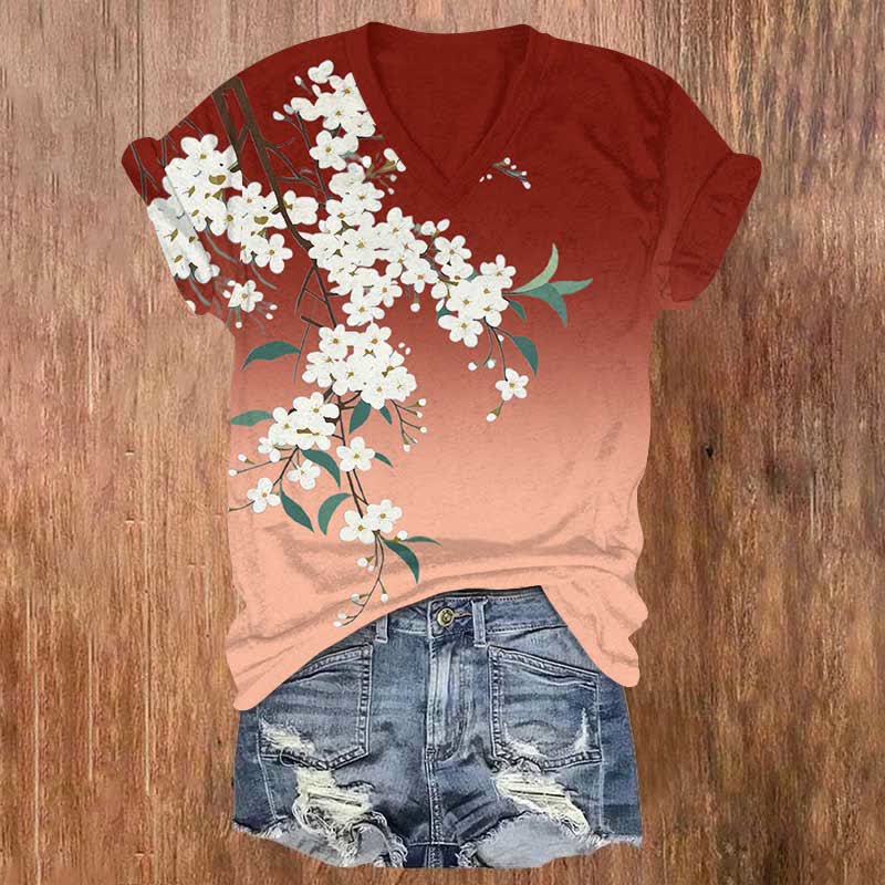 Japanese Art Floral Art Print V-neck T-shirt - Red - US32-34(5XL) - image 3