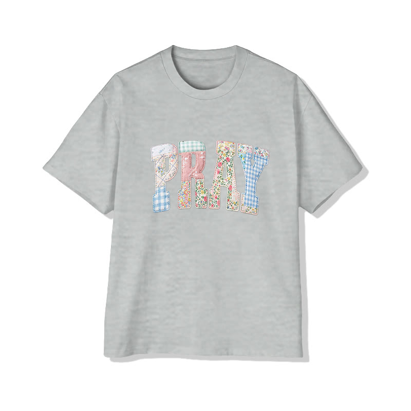 Vintage Floral Pray Christian Pattern Print Short Sleeved Round Neck Cotton T-shirt - Grey - US28-30(4XL) - image 4