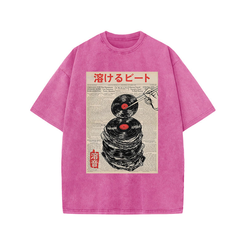 Japanese Retro Vinyl Records Pattern Print Acid Washed T-shirt - Pink - US20-22(3XL) - image 7