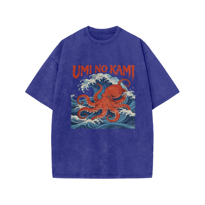 Japanese Ocean Wave Octopus Print Acid Washed T-shirt - Blue - US20-22(3XL) - image 9