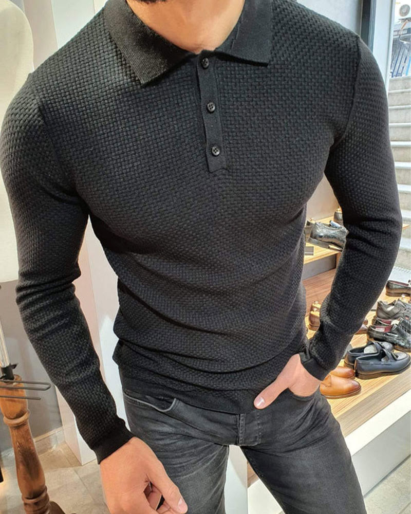 Men's Solid Color Waffle Long Sleeve Polo Shirt - Black - 5XL - image 5