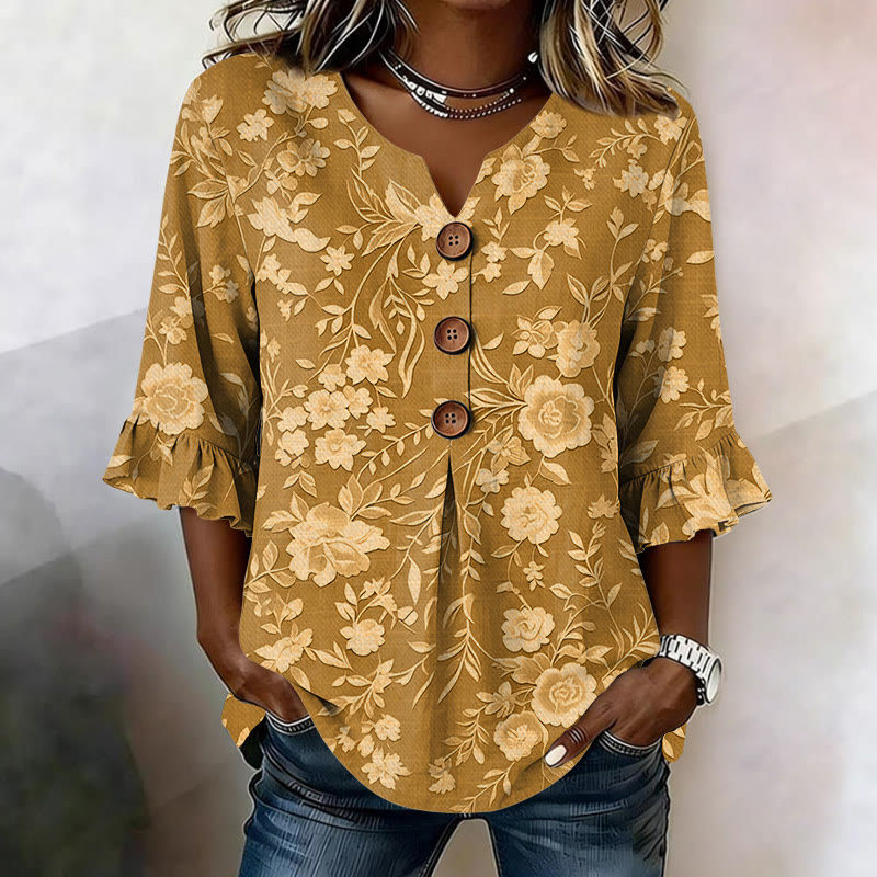 Elegant Floral Print Button V-neck Blouse With Ruffle Sleeves - Yellow - US 22 (4XL) - image 6
