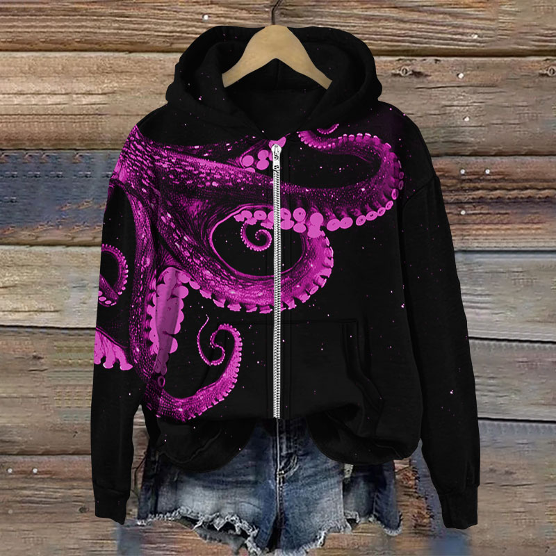 Three-dimensional Creative Octopus Print Long Sleeve Zipper Hoodie - Pink - US28-30(4XL) - image 3