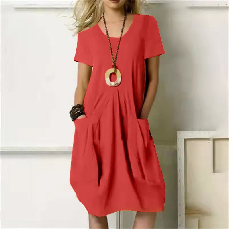 Beach Solid Crew Neck With Large Pockets Dress - Red - 5XL - image 5