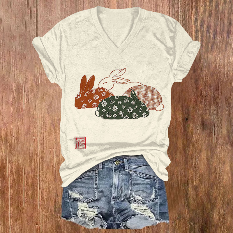 Japanese Style Rabbit Print Short Sleeved V-neck T-shirt - Apricot - US32-34(5XL) - image 1