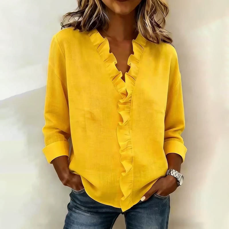 Elegant Cozy Solid Overlapping Ruffle V-neck Long-sleeve Blouse - Yellow - 3XL - image 6