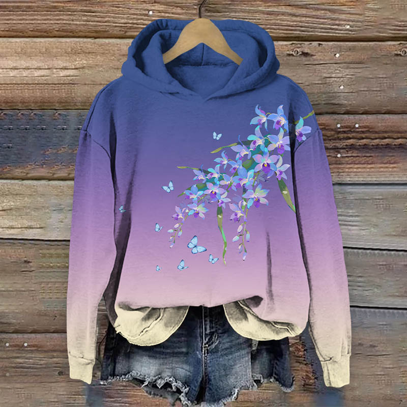 Vintage Ombre Violet Flowers Print Long Sleeve Hoodie - Blue - US44-46(8XL) - image 3