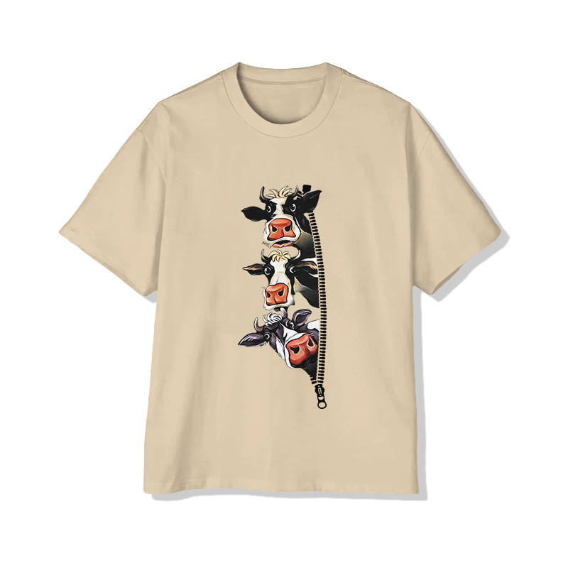Unisex Creative Zipper Cow Pattern Print Short Sleeved Crew Neck T-shirt - Apricot - 2XL - image 5