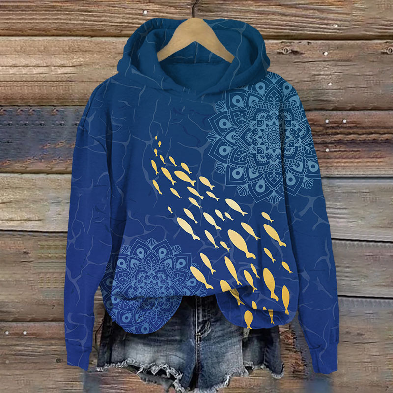 Retro Floral Small Golden Fish School Art Print Long Sleeve Hoodie - Blue - US44-46(8XL) - image 3