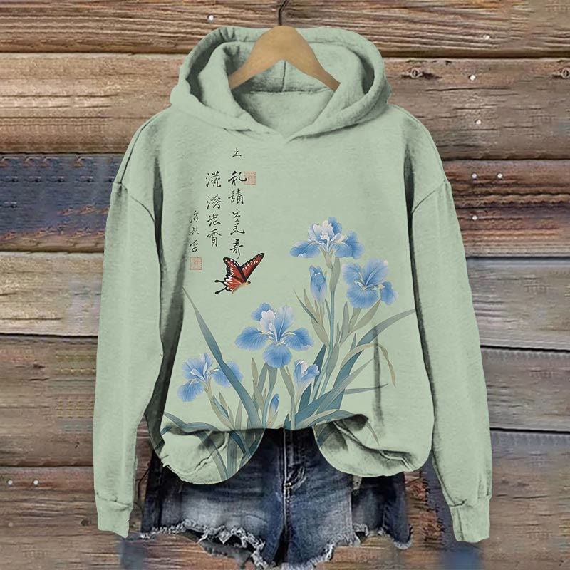 Japanese Watercolor Iris Blossom Art Print Long Sleeve Hoodie - Green - US44-46(8XL) - image 3