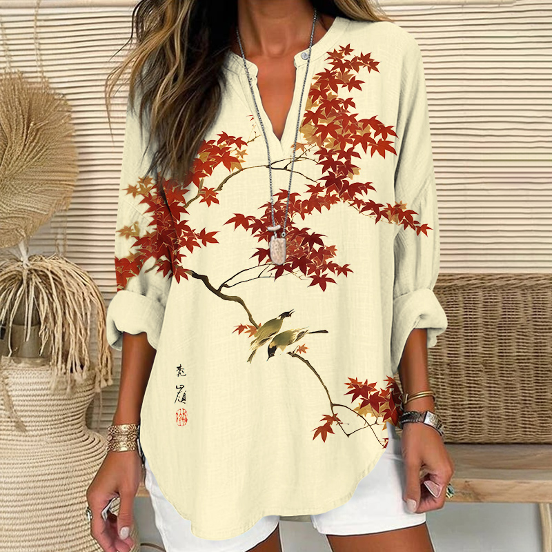 Vintage Autumn Maple Tree Pattern Art Print V Neck Long Sleeve Blouse - Beige - 8XL - image 1