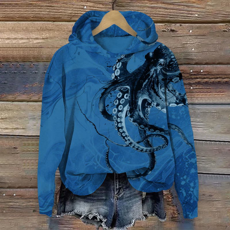Unisex Ocean Foam Octopus Pattern Print Long Sleeved Hoodie - Blue - US44-46(8XL) - image 3