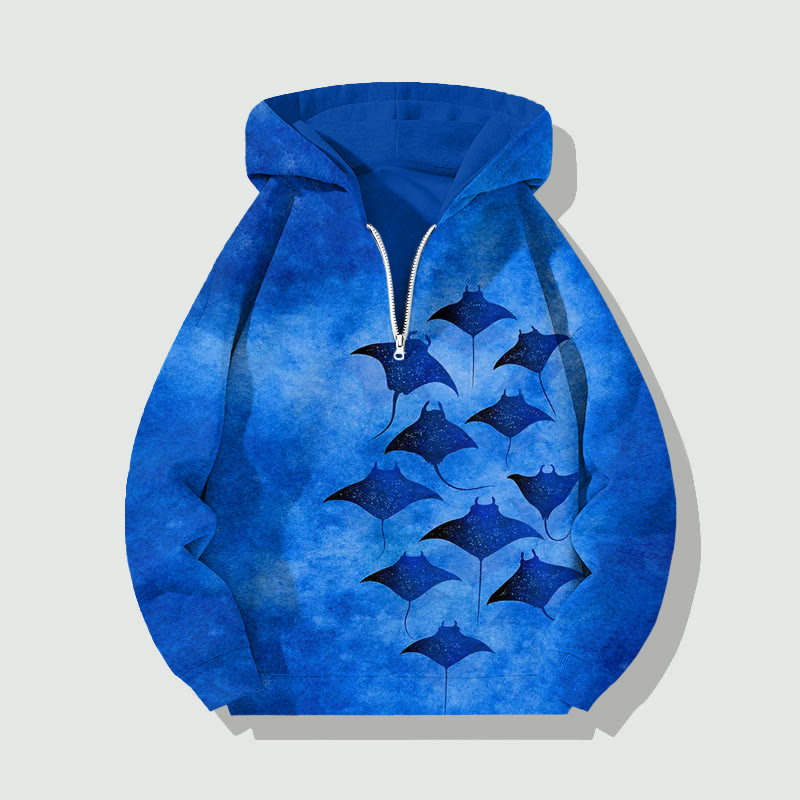 Unisex Vintage Manta Ray Half Zip Hoodie - Blue - US32-34(5XL) - image 6
