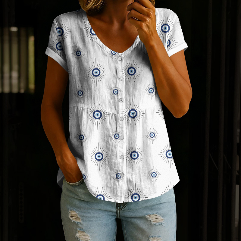 Vintage Evil Eye Pattern Print Button V-neck A-line Short-sleeve Blouse - White - 4XL - image 1