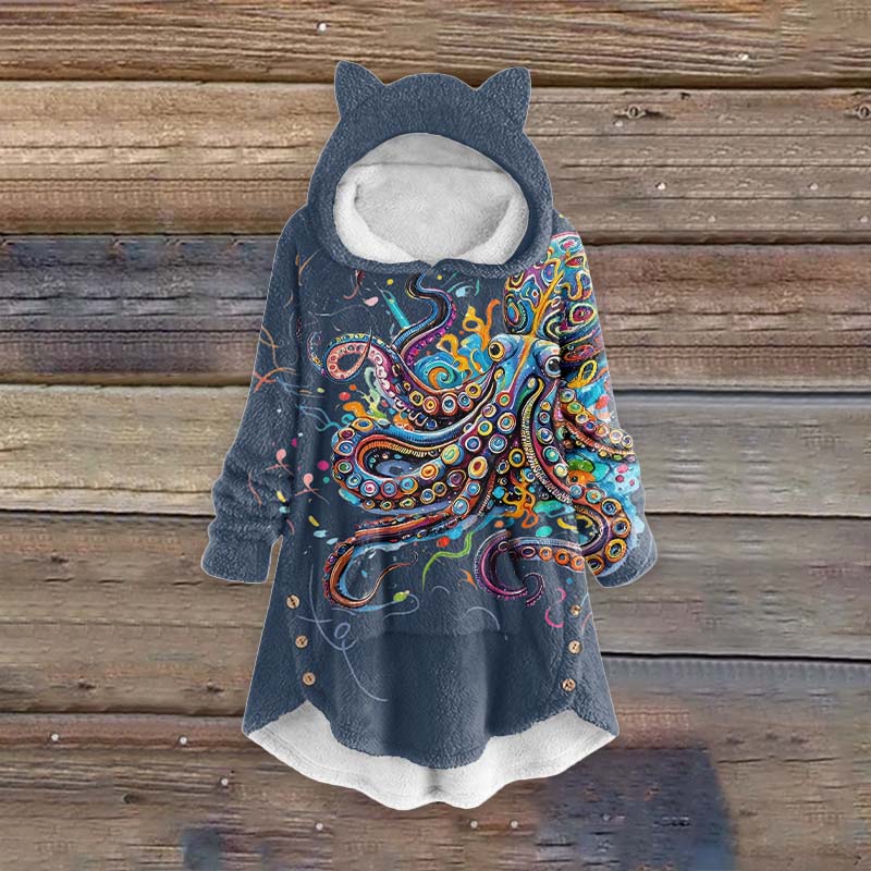 Women's Vintage Rainbow Octopus Art Print Pocket Cute Cat Ear Fuzzy Fleece Hoodie - Blue - 6XL - image 7