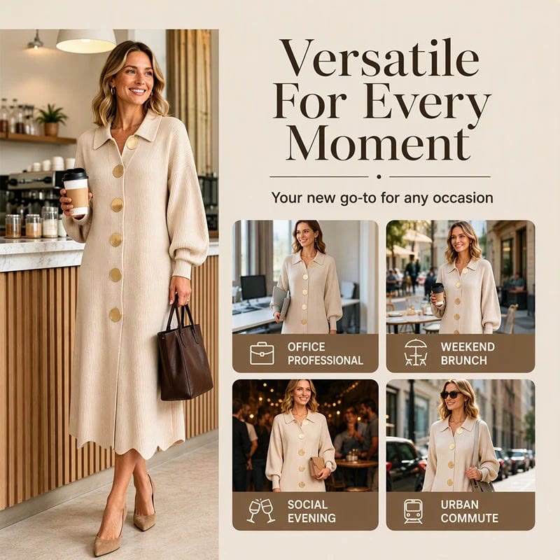 Women's Ribbed Knit Midi Cardigan Dress | Lapel Collar Lantern Sleeve, Statement Button Front - image 6