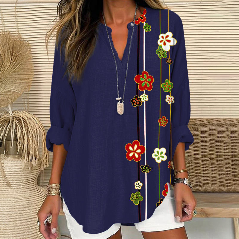 Cartoon Floral Pattern Art Print V Neck Long Sleeve Blouse - Navy Blue - 8XL - image 1