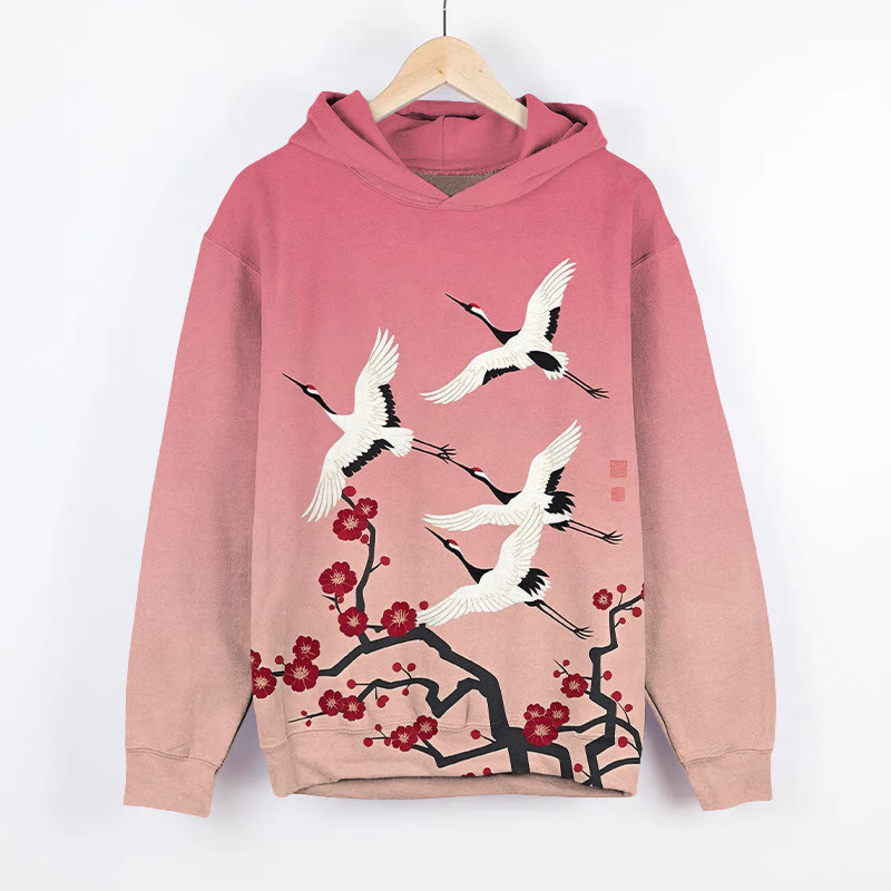 Japanese Ombre Cartoon White Cranes & Floral Art Print Long Sleeve Hoodie - image 4