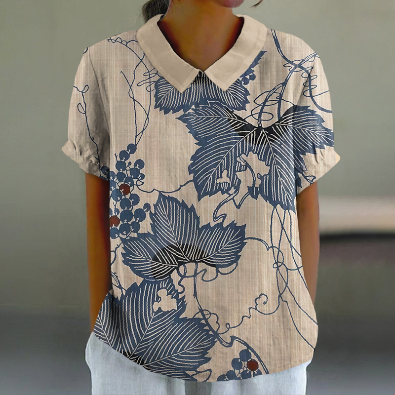 Vintage Grapevine Print Casual Lapel Loose Blouse - Apricot - 6XL - image 1