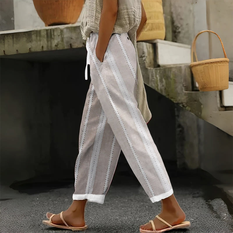 Ladies Vertical Stripe Print Casual Pocket Pants - Khaki - US 20 (5XL) - image 3