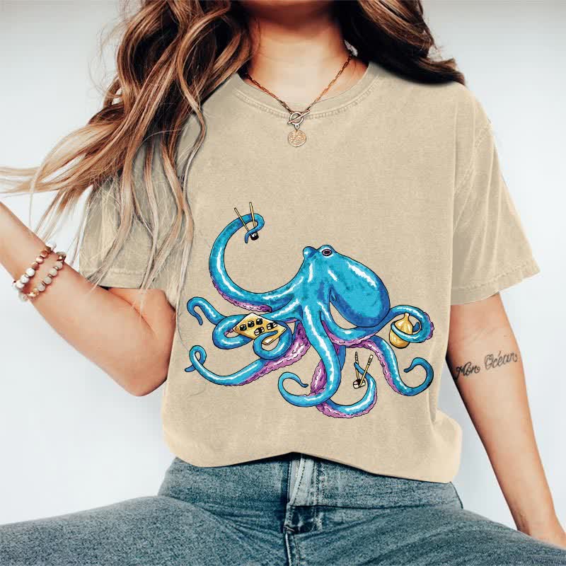 100% Cotton Japanese Creative Octopus Holding Sushi Art T-shirt - Apricot - 2XL - image 9