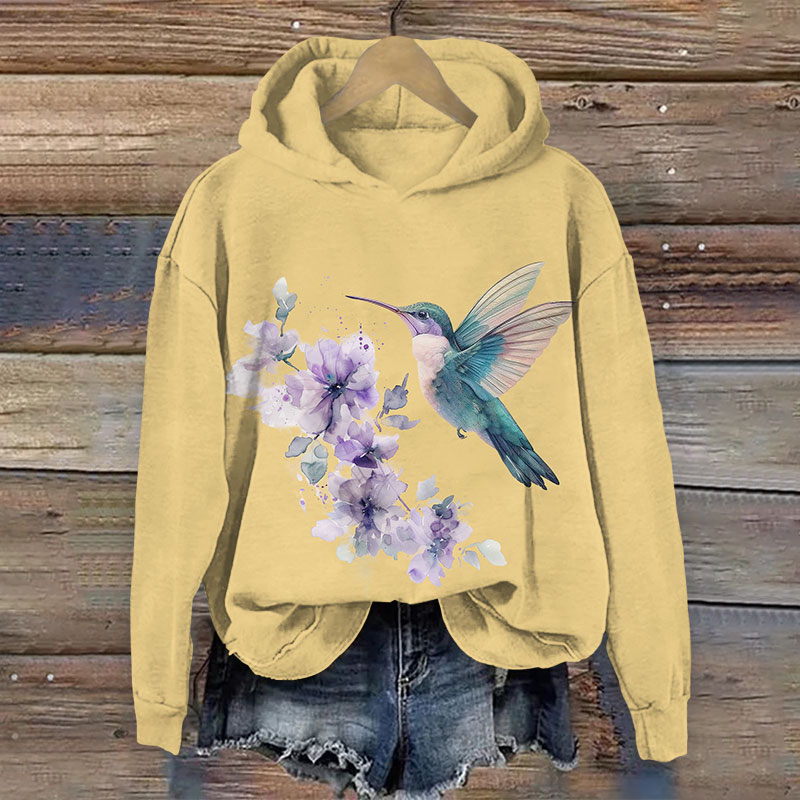 Retro Watercolor Flower & Bird Art Print Long Sleeve Hoodie - Yellow - US44-46(8XL) - image 3