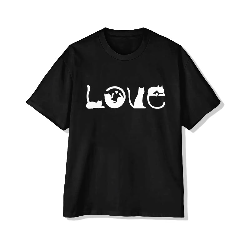 Unisex LOVE Letter Cat Print Short Sleeved Crew Neck T-shirt - Black - 2XL - image 3