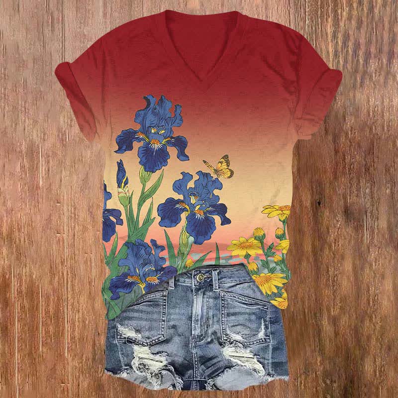 Japanese Watercolor Sunflower Art  Print V-neck T-shirt - Red - US32-34(5XL) - image 4