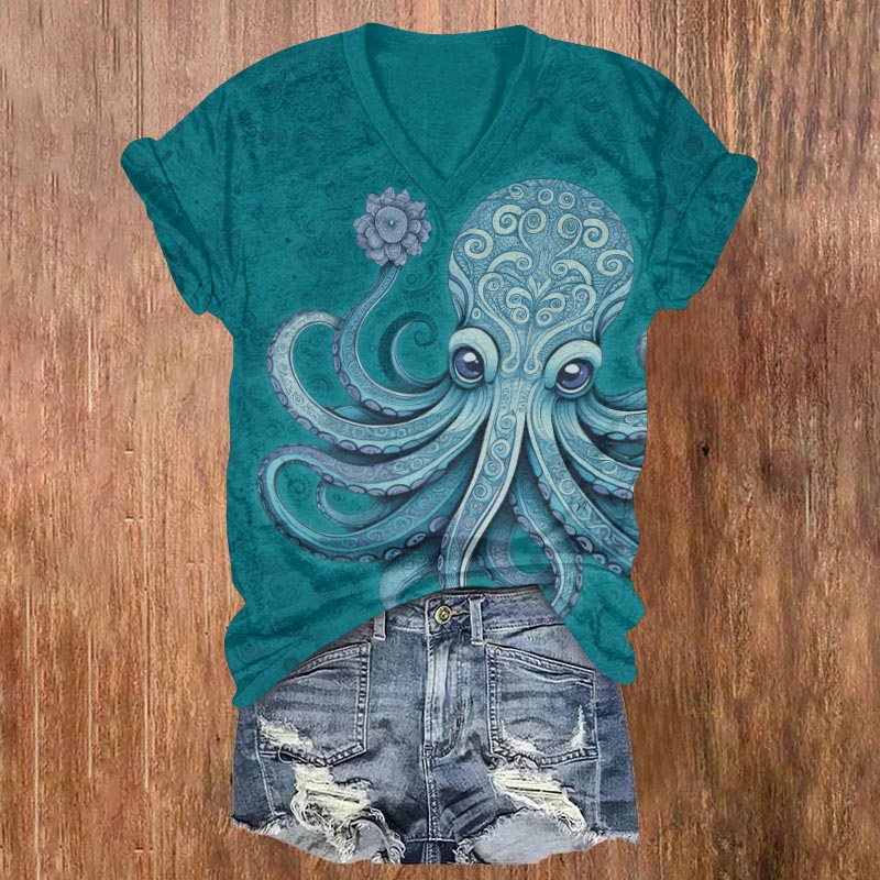 Vintage Cute Octopus Holding Flower Art Print V-neck T-shirt - Green - US32-34(5XL) - image 5