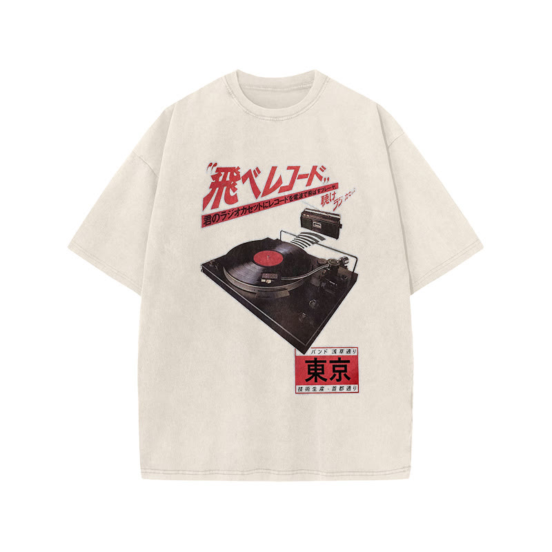 Vintage Japanese Phonograph Print Acid Washed T-shirt - Beige - US20-22(3XL) - image 3