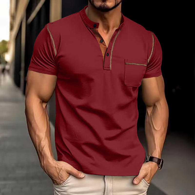Casual Men's Short Sleeve Henley Polo Shirt - Wine - 3XL - image 3