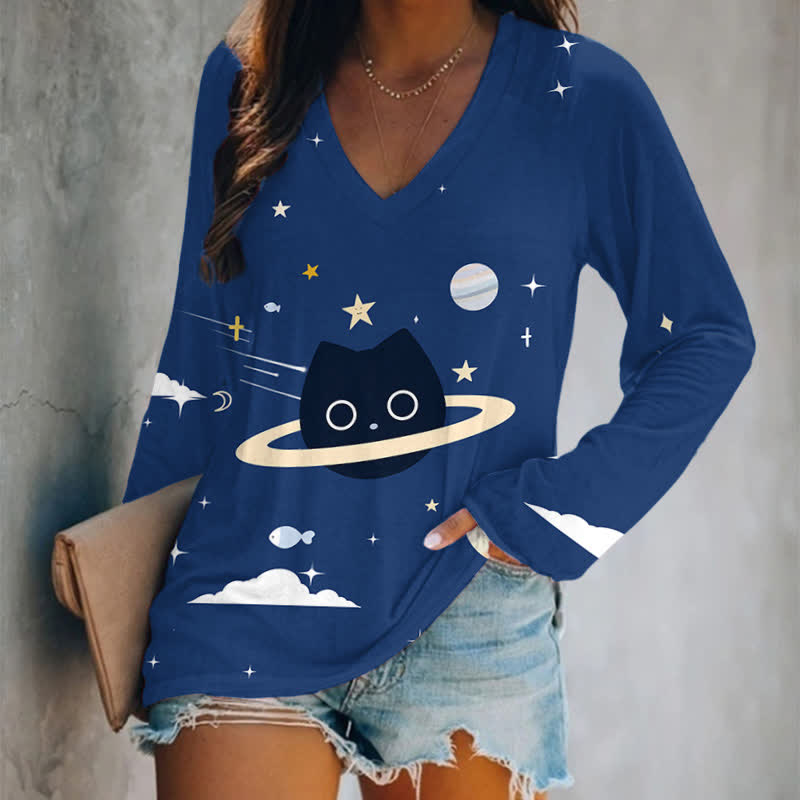 Funny Universe Black Cat Print Long Sleeve T-shirt - Royal Blue - 5XL - image 4