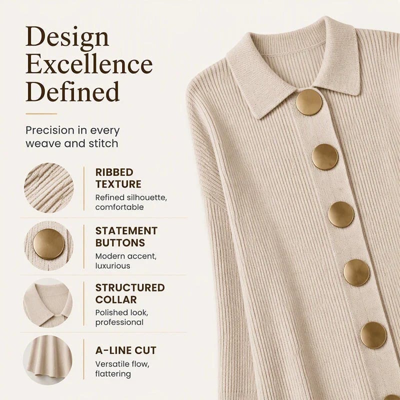 Women's Ribbed Knit Midi Cardigan Dress | Lapel Collar Lantern Sleeve, Statement Button Front - image 3