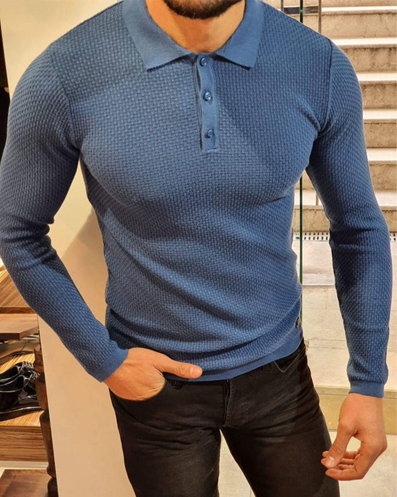 Men's Solid Color Waffle Long Sleeve Polo Shirt - image 13