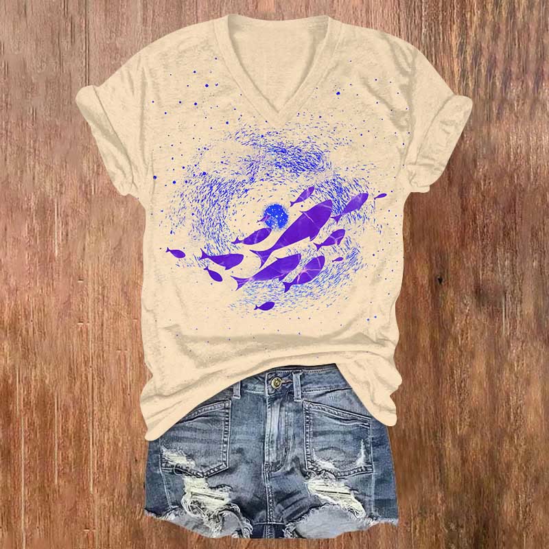 Fish And Starry Sea Design Print V-neck T-shirt - Apricot - US32-34(5XL) - image 4