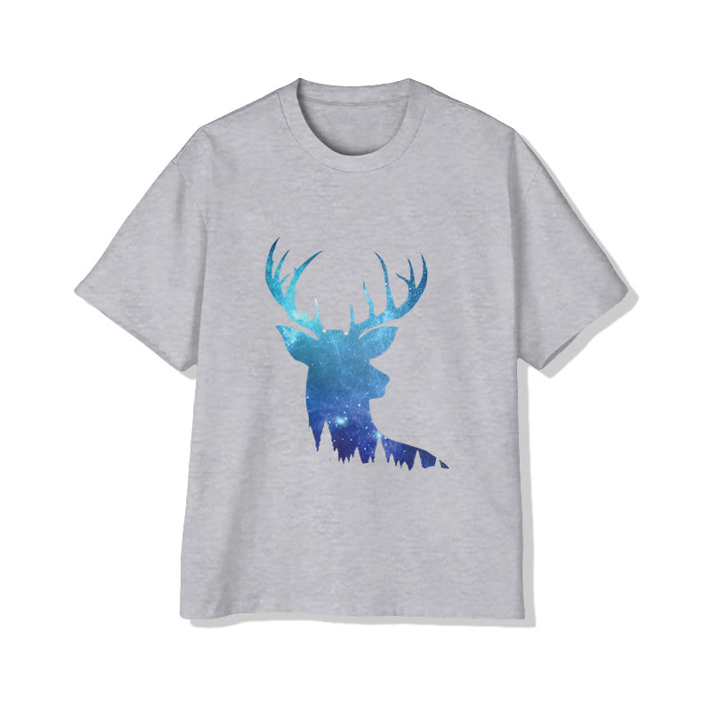 Unisex Ombre Glowing Reindeer Print Short Sleeved Crew Neck T-shirt - Grey - 2XL - image 4