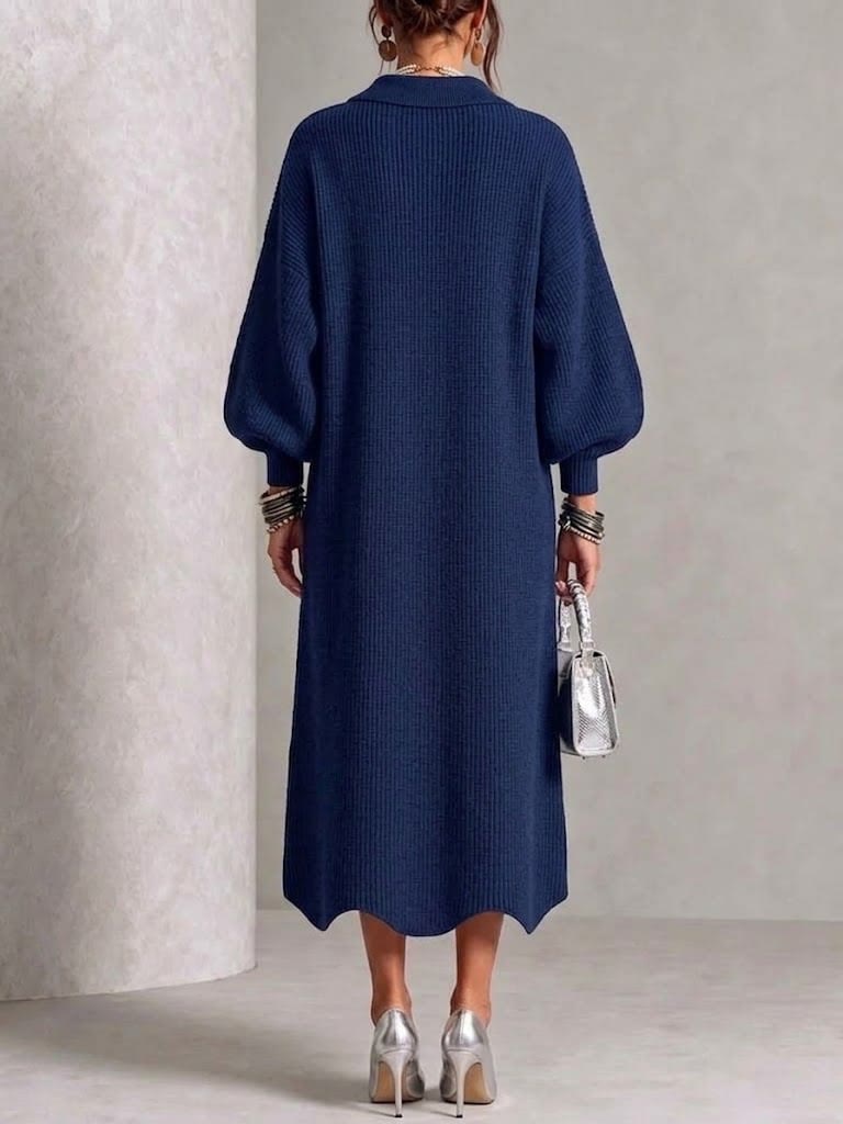 Women's Ribbed Knit Midi Cardigan Dress | Lapel Collar Lantern Sleeve, Statement Button Front - image 11