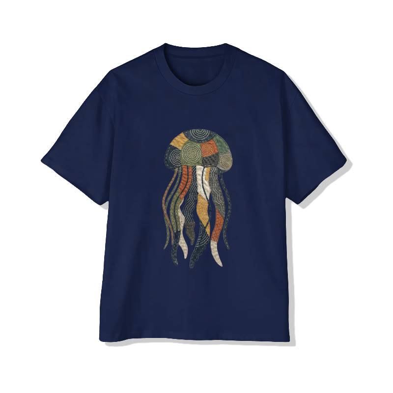 Ocean Jellyfish Art pattern Print Pattern Cotton Print T-Shirt - Navy Blue - US16-18(2XL) - image 3