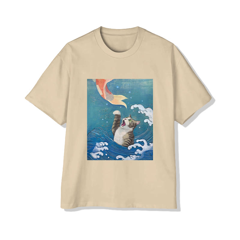 Unisex Vintage Wave Cat Print Short Sleeved Crew Neck T-shirt - Apricot - 2XL - image 4