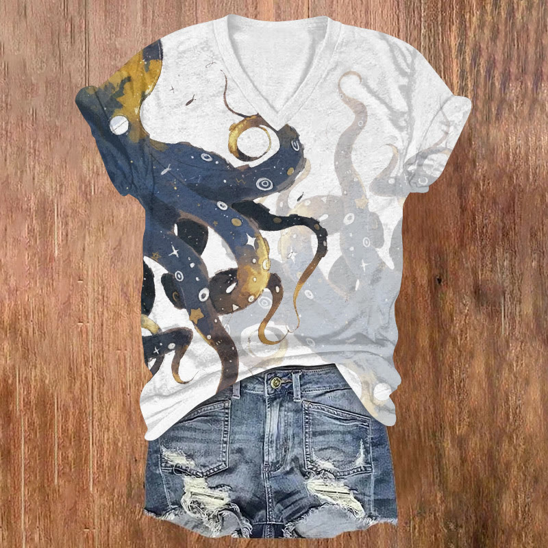 Ocean Starry Sky Octopus Pattern Print Short Sleeved V-neck T-shirt - White - US32-34(5XL) - image 4