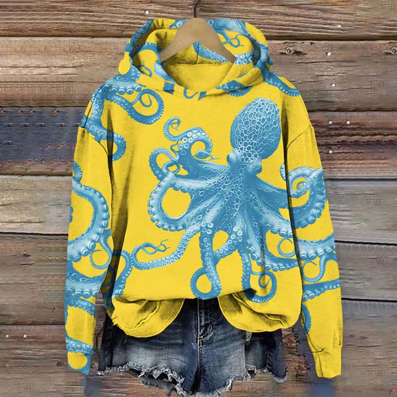 Japanese Vintage Vivid Octopus Art Print Long Sleeve Hoodie - Yellow - US44-46(8XL) - image 6