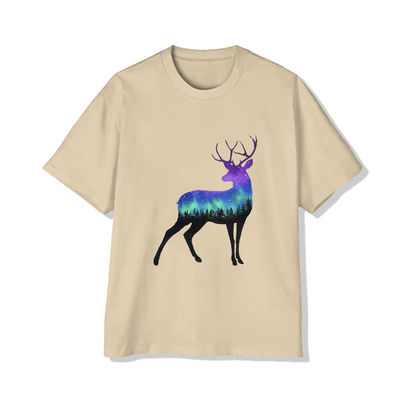 Unisex Fantasy Forest Reindeer Pattern Print Short Sleeved Crew Neck T-shirt - Apricot - 2XL - image 4