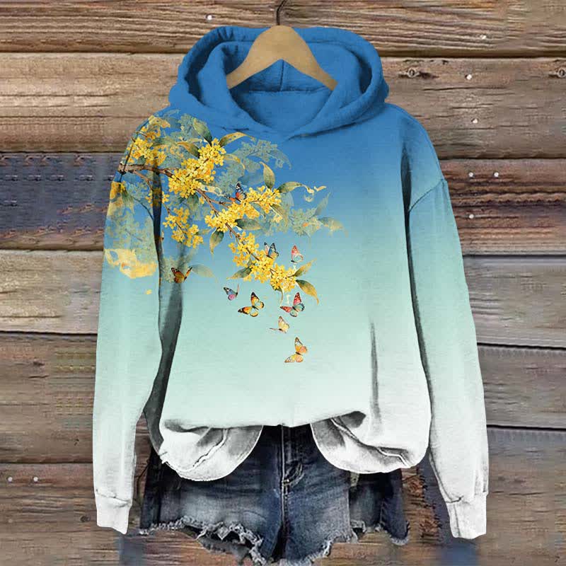 Japanese Vibrant Winter Jasmine & Butterfly Print Long Sleeve Hoodie - Blue - US44-46(8XL) - image 6